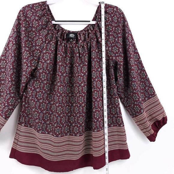 Bobeau Burgundy Tan Boat Neck Peasant Top M - Picture 6 of 8